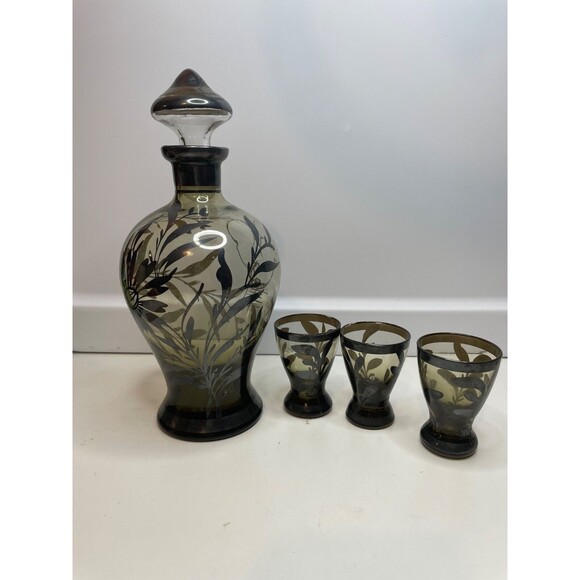 Vintage  Set ITALY CLEAR Glass Silver Overlay Liquor Decanter 3 Shot Glasses - Picture 1 of 11